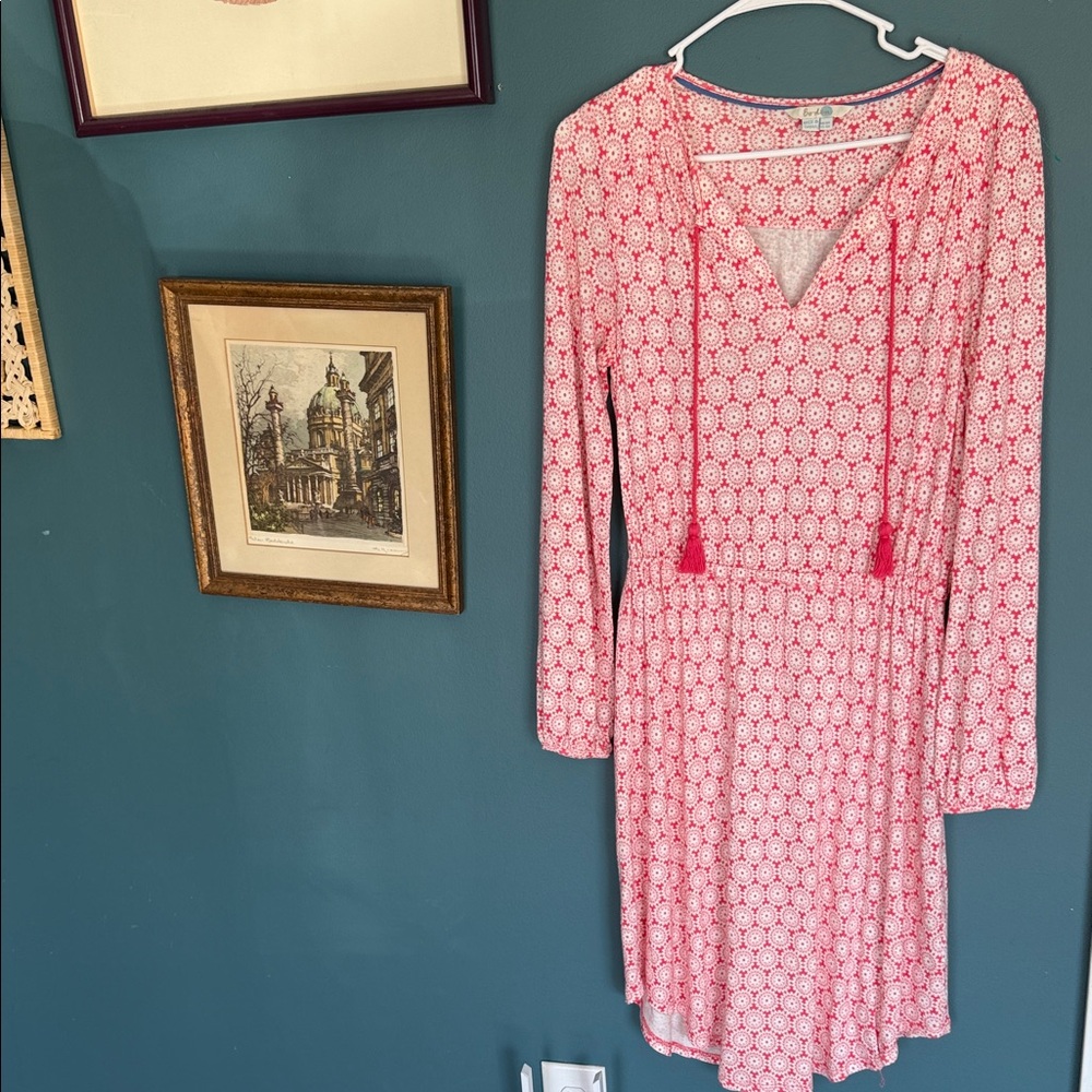 Boden Coral Printed Long-Sleeve Tassel Tie Dress 0200